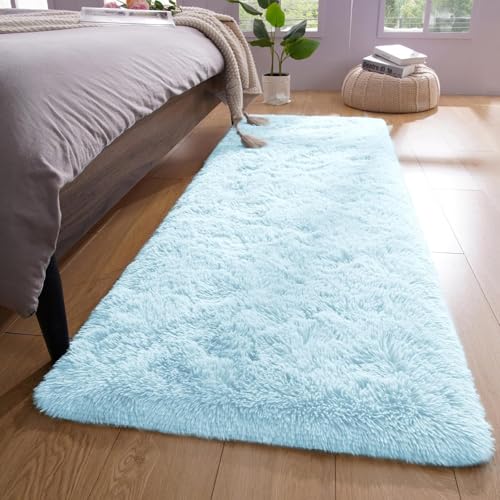 YJ.GWL Runner Rugs for Hallway, 2x4 Washable Small Light Blue Bedside Rugs for Living Room Bedroom, Soft Fluffy Shaggy Indoor Floor Carpet for Kids Boy and Girls Room Nursery Home Decor Aesthetic - color: Light Blue, size: 2' x 4' (Rectangular)