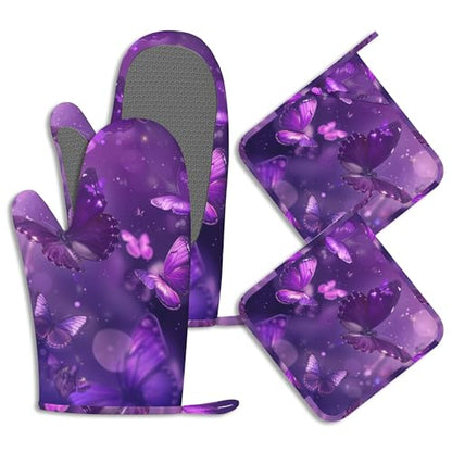 Purple Butterfly Oven Mitts and Pot Holders Sparkling Abstract Silicone Kitchen Accessories Set of 4 Heat Resistant Non-Slip Long Gloves Potholder for Chef Cooking Baking Gifts Women Men - color: Purple Butterfly,sparkling Abstract