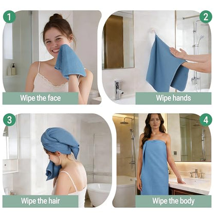 MICROFI Waffle Weave Bath Towel Set, Microfiber, 4 Pieces (Body/Hair/Hand/Face), Quick Dry, Lightweight, Super Absorbent, Lint Free, 380 GSM (Blue) - color: Blue