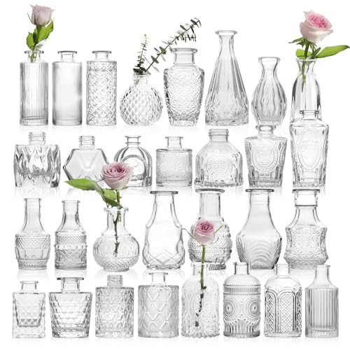 Vintage Glass Bud Vases Bulk 30 Pack, Small Clear Flower Vases | Wedding Decor, Centerpiece Table Decorations, Rustic Home & Party Decor