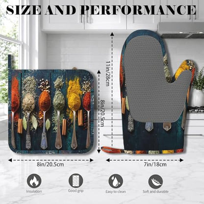 Various Herbs and Spices Oven Mitts and Pot Holders Sets Non-Slip Silicone Surface for BBQ Gloves,Kitchen,Cooking,Baking,Grilling - color: Various Herbs and Spices