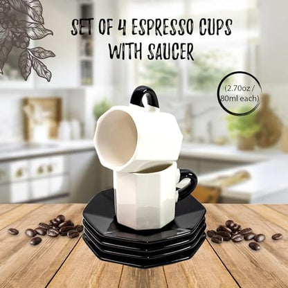 Bacimi® Mini Ceramic Espresso Cups with Saucer - Set of 4/2.7oz / 80ML - Small Drinking Cups with Handle - Dishwasher & Microwave Safe - Modern Italian Inspired Mugs for Coffee, Cocoa