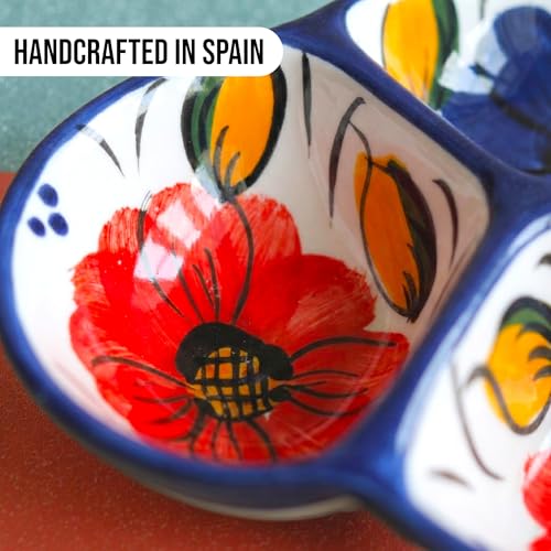 3-Compartment Ceramic Serving Dish, Handmade in Spain | 7.5” divided chip and dip bowl with lead-free glaze, microwave, oven and dishwasher safe, ideal for tapas, snacks and sauces - color: Fiesta Flower