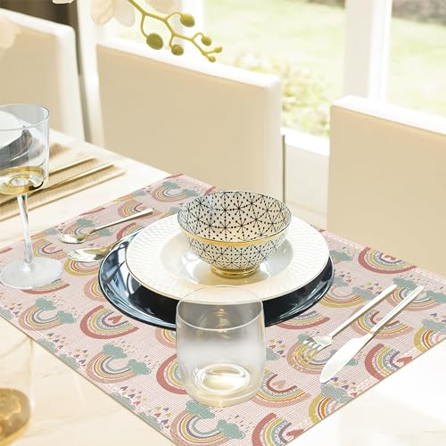 Rainbow Heart Placemats,Boho Whimsical Table Mats Set of 6,12x18 Inch,Waterproof Oil-Proof Washable and Reusable Linen placemats Holiday Party Kitchen Table Decorations - color: Rainbow Heart，boho Whimsical