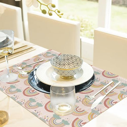 Rainbow Heart Placemats,Boho Whimsical Table Mats Set of 6,12x18 Inch,Waterproof Oil-Proof Washable and Reusable Linen placemats Holiday Party Kitchen Table Decorations - color: Rainbow Heart，boho Whimsical