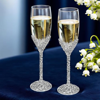 Silver Champagne Flutes -His and Hers,Wedding Toasting Glasses for Engagement Celebrations, Bridal Shower and Registry Idea, Tall Wine Glasses for Bride and Groom Gifts,7oz (Chrome) - color: Chrome