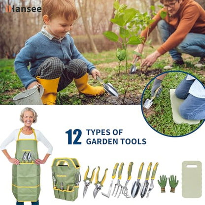Green Garden Tools Set 12-Piece, Gardening Gifts for Women Men | Aluminum Gardening Hand Tools with Non-Slip Ergonomic Handle, Apron, Gloves, Kneeling Pad and Storage Bag, Garden Starter Kit - color: green