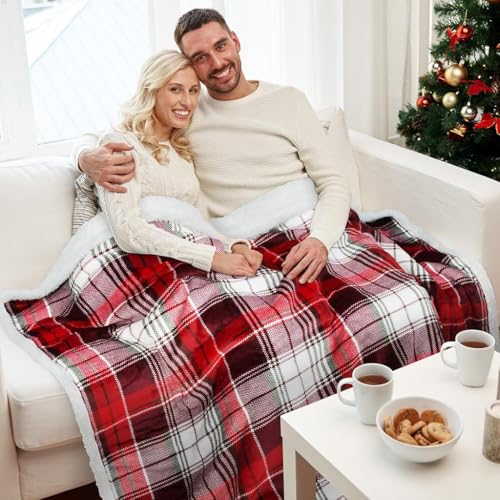 Christmas Red Buffalo Plaid Sherpa Throw Blanket, Reversible Super Soft Warm Comfy Fuzzy Snuggly Micro Fleece Plush Holiday Throws for Couch Sofa Cabin Decro - color: Red Plaid