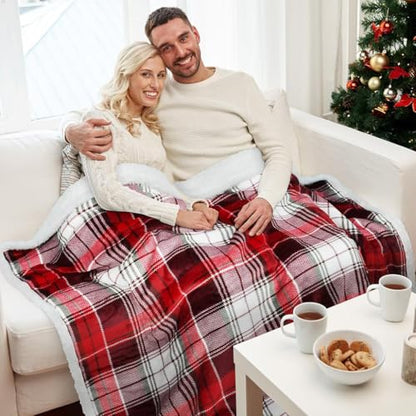 Christmas Red Buffalo Plaid Sherpa Throw Blanket, Reversible Super Soft Warm Comfy Fuzzy Snuggly Micro Fleece Plush Holiday Throws for Couch Sofa Cabin Decro - color: Red Plaid