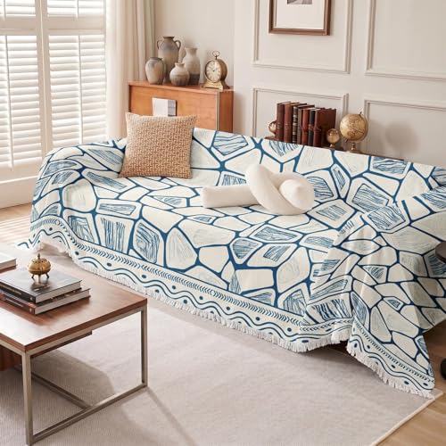 Couch Cover Blanket, Polyester, 71x118 Inch, Boho Geometric | Abstract Coastal Blue Decorative Non Slip Soft Washable Furniture Protector Throw for Sofa - color: Blue