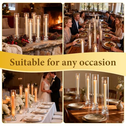 16 Set Clear Glass Hurricane Candle Holders, 12.5" Open Ended Bottomless Windproof Cylinder & 2.1" Taper Candlestick Holders for Wedding Party Home Hotel Decor