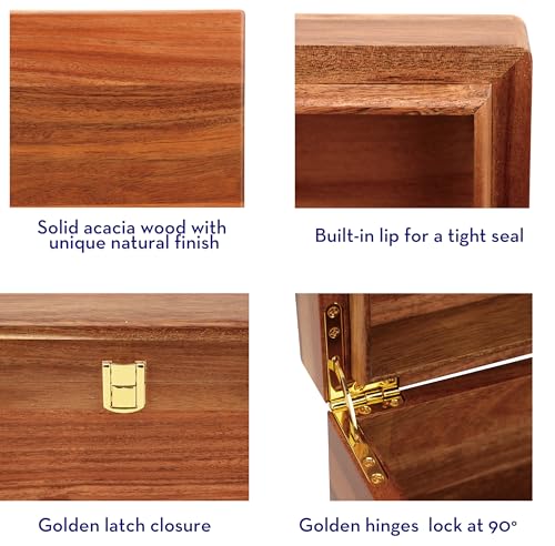 Handmade Premium Solid Acacia Wood Box with Hinged Lid – Natural Unique Finish, Golden Hinges & Latch Closure, Secure Storage for Tea, Jewelry, Crafts, Tools & More – 11" x 8" x 5.25" inch - size: 11 x 8 x 5.25 inch