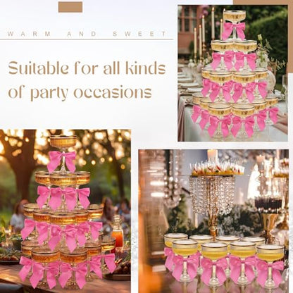 Set of 24 Plastic Champagne Coupe Glasses with Bow 7 oz Gold Champagne Tower Set Stackable Acrylic Ribbed Martini Glasses Cocktail Coupe Cup for Wedding Birthday Party Bar(Ribbon,Hot Pink) - color: Hot Pink, style: Ribbon