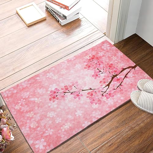 SPUNKER Pink Cherry Blossoms Welcome Mat, 30"L x 17"W, Non-Slip & Absorbent, Indoor/Outdoor, SPK-DM0415-1730 - color: Pink Cherry Blossoms