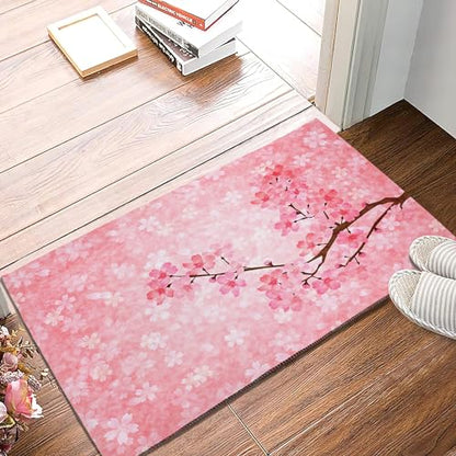 SPUNKER Pink Cherry Blossoms Welcome Mat, 30"L x 17"W, Non-Slip & Absorbent, Indoor/Outdoor, SPK-DM0415-1730 - color: Pink Cherry Blossoms