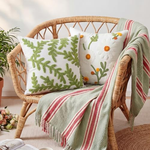 Fourluoo 4 Pcs Daisy Embroidered Throw Pillow Covers 18x18 Daisy Decorative Pillow Cover with Zipper Spring Floral Tufted Cushion Pillowcase for Bed Couch Sofa Living Room - style: Daisy