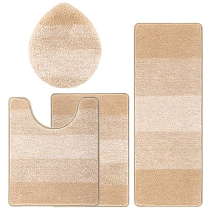 Bsmathom Bathroom Rug Set 4 Piece, Plush Microfiber Bath Mat, Beige | Extra Water Absorbent, Non Slip Washable Runner Bath Rugs with Toilet Lid Cover and U-shaped Contour Toilet Mat - color: Beige, size: 18"x26"+18"x48"+U20"x24"+Cover19"x21"