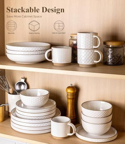 GBHOME Stoneware Dinnerware Set for 4, 12 piece Farmhouse Plates and Bowls | Elegant Embossed Ceramic Dish Set, Scratch Resistant, Microwave & Dishwasher Safe, Off white - color: Off white-Stackable