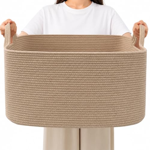 96L Woven Laundry Basket with Handles, Extra Blanket Basket,Jute | 24"×16"×15" Collapsible Cotton Rope Storage Basket for Toys Clothes & Pillows, Nursery, Bathroom, Bedroom, Living Room - color: Jute, size: 96L