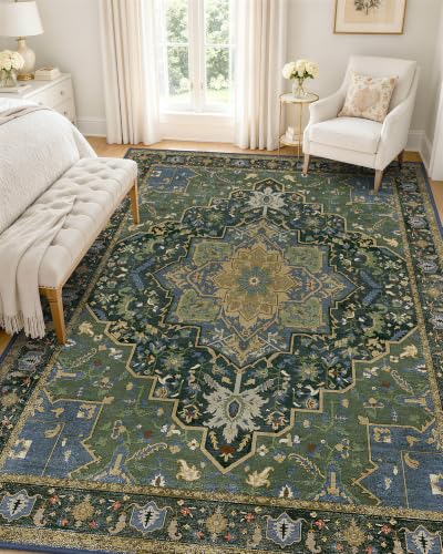 OLANLY 5x7 Washable Area Rugs, Soft Non Slip Carpet for Bedroom Living Room | Dark Green Boho Vintage Floral Medallion Farmhouse Rug Spill & Stain Resistant Low Pile for Dining Under Table Office Bedside - color: Dark Green, size: 5' x 7' (Rectangular)