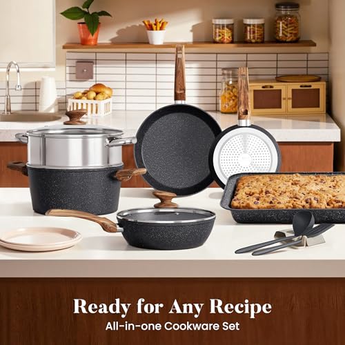 Kitchen Academy 17Pcs Pots and Pans Set, Black | Non Stick, Induction Cookware - color: Black, size: 17 PCS Cookware Set
