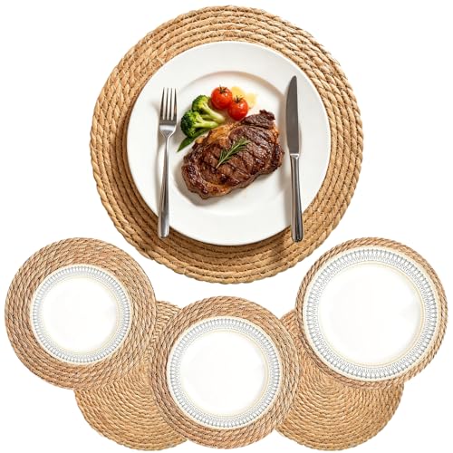 6 Pack 12 Inch Round Wicker Woven Placemats | Natural Water Hyacinth Braided Rattan Mats, Boho Farmhouse Style for Indoor & Outdoor Table Decor - size: 12 Inch Set of 6