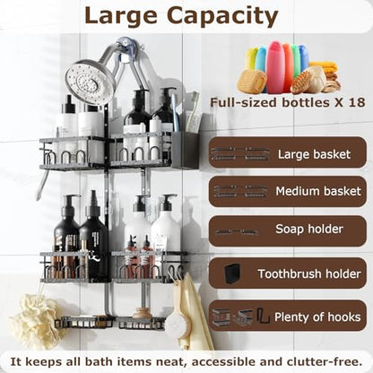 Adjustable Shower Caddy Hanging Rustproof Shower Caddy Shower Organizer for Over Handheld or Fixed Shower Heads with Hooks Soap Holder Toothbrush Holder