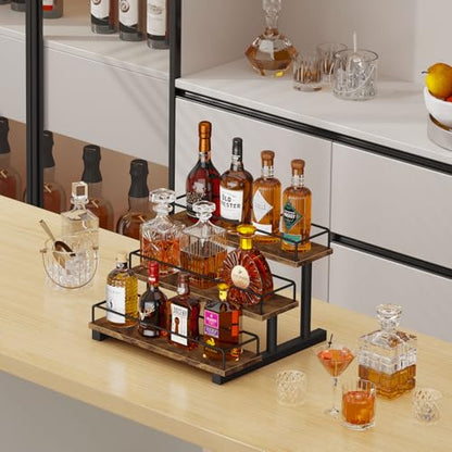 Liquor Bottle Display Shelf, 3 Tier Coffee Syrup Rack Organizer | Wine Rack Countertop, Home Retro Bar Shelf Stand Holder for Liquor Whiskey Spirits, Mini Bar, Liquor Cabinet, Rustic Brown