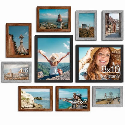 Vittanly 10 Pack Gallery Wall Frame Set, Black, Walnut Brown, Grey | Gallery Wall Frame Set: 2pcs 8x10, 4pcs 5x7 & 4pcs 4x6 Photos for Wall & Table, Picture Frames made of Engineered Wood - color: Black & Walnut Brown & Grey
