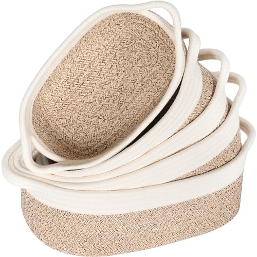 5-Piece Small Decorative Woven Storage Baskets Set for Shelves, Bathroom, Pantry and Nightstand Organizer, Catch All Tray for Organizing Gifts, Dog and Cat Toys, Light Brown - color: Light Brown