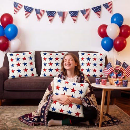 Tiamon 4 Pcs Patriotic 4th of July Throw Pillow Covers 18 x 18 Inch USA Flag American Plush 3D Embroidered Pillow Cases Red White Blue Stars Cushion Covers for Independence Day Decor Sofa Bed Home - style: Patriotic Star