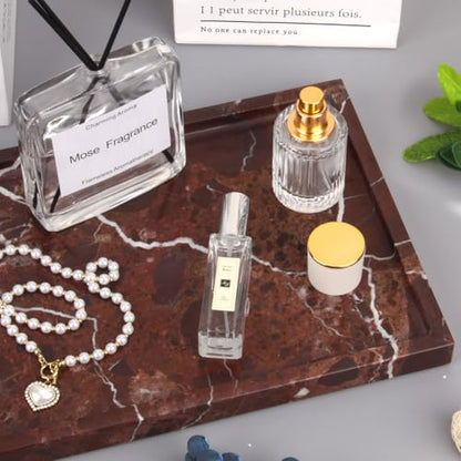 Marble Bathroom Vanity Tray, Rosso Lepanto, 12" x 8" x 0.8" | Home Kitchen Bathroom Tray, Natural Stone Decorative Countertop Trays, Soap Dispenser Perfume Key Trinket Ring Tray - color: Rosso Lepanto