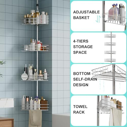 Garvee Corner Shower Caddy Tension Pole, 76 in-110 in Adjustable Bathroom Organizer Shelves, 4-Tier Rustproof Bathroom Shelves with Built-In Towel Bars to Space-Saving, Silver | Adjustable Bathroom Shelf Organizer, Rust-Resistant Floor to Ceiling Storage