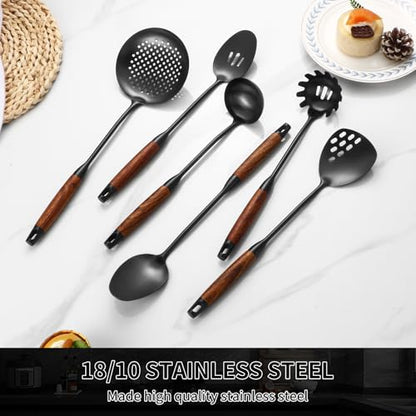Izurok 18/10 Stainless Steel Kitchen Utensils Set,6 Piece Cooking Utensils With Wood Handle,Heat Resistant Kitchen Tool Set With Spatula, Spoon, Ladle, Skimmer, Slotted Spoon, Pasta - color: BLACK-6 Pieces, size: Small