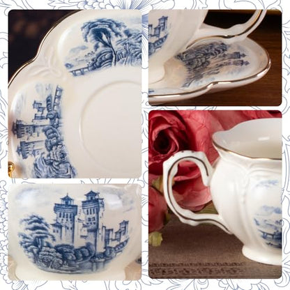 KAMMAK Tea Cups and Saucers Set of 2, 8 oz Porcelain Coffee Cups, SY001 | Stackable Espresso Mugs, Ceramic Demitasse for Coffee, Cappuccino, Latte, Americano, Tea - size: 8CZSY001