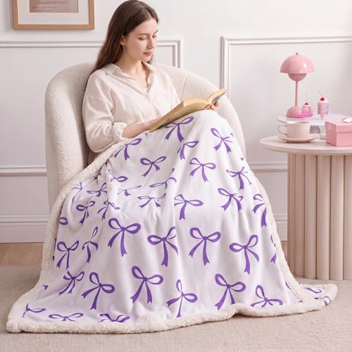 Tegeme Purple Bow Throw Blanket Sherpa Fleece Preppy Coquette Flannel Bow Blanket for Teen Girls Room Back to School Gift White Plush 50" x 60" Aesthetic Soft Bedding for College Dorm Bed Sofa Couch - color: Purple