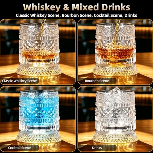 Luxury 360° Spinning Crystal Whiskey Glass Set Of 2, Rotating Old Fashioned Rocks Glasses & & 4 Color Lighting, Scotch & Bourbon, Cocktail Glasses for Bar, Party, Home, and Gift (Star Diamond) - color: Star Diamond