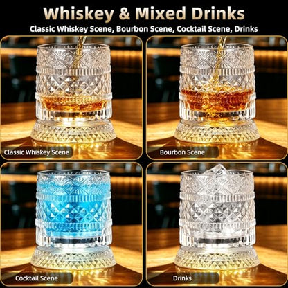 Luxury 360° Spinning Crystal Whiskey Glass Set Of 2, Rotating Old Fashioned Rocks Glasses & & 4 Color Lighting, Scotch & Bourbon, Cocktail Glasses for Bar, Party, Home, and Gift (Star Diamond) - color: Star Diamond