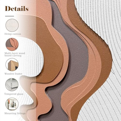 BrightA 5-Layer Wood Relief Wooden Wall Art Fluid Curves in Warm Brown & Ash Grey with Linear Grain Background, Framed in Solid Wood & Tempered Glass for Contemporary Walls 27.5"x39.4" - color: Rice white + earth yellow + dark brown 3 + natural wood tone,