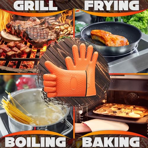 Silicone Oven Gloves with Fingers – Dual-Layer Silicone Gloves for Cooking, Heat & Oil Resistant with Soft Inner Cotton Padding – Non-Slip Oven Mitts for Grilling, Baking, Hot Tray, Smoker & Fryer Use