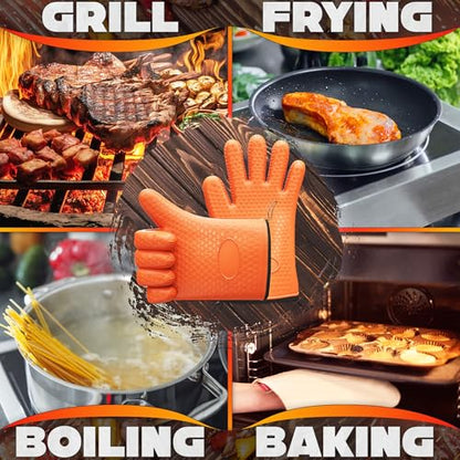 Silicone Oven Gloves with Fingers – Dual-Layer Silicone Gloves for Cooking, Heat & Oil Resistant with Soft Inner Cotton Padding – Non-Slip Oven Mitts for Grilling, Baking, Hot Tray, Smoker & Fryer Use