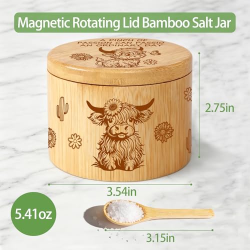 Bamboo Salt Cellar With Swivel Lid Highland Cow Salt Container Built-In Spoon And Magnetic Clasp Ideal For Salt, Sea Salt, Pepper, Sugar And Spices