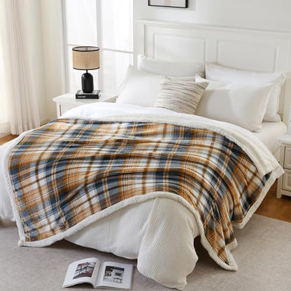 PU MEI Sherpa Blanket Twin Plaid Thick Bed Blanket, 60”*80” Super Soft Flannel Fuzzy Fleece Reversible Velvet Plush Warm Blanket for Couch (Blue Yellow Check) - color: Blue Yellow Check, size: 60"*80"