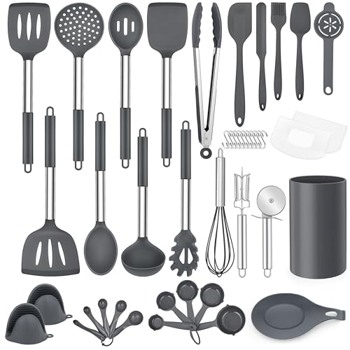 LIANYU 43 Pcs Kitchen Cooking Utensils Set, Silicone Cooking Utensils Spatula Set with Holder, Heat Resistant Kitchen Gadgets Tools for Nonstick Cookware Set, Stainless Steel Handle, Grey - color: Gray
