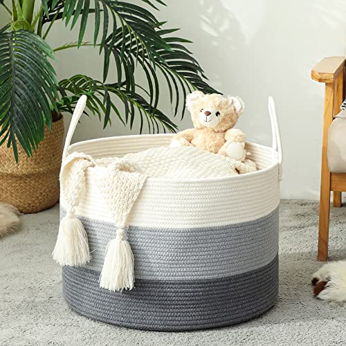 KAKAMAY Large Blanket Basket (20"x13"),Woven Baskets for storage Baby Laundry Hamper,Cotton Rope Blanket Basket for Living Room, Laundry, Nursery, Pillows, Baby Toy chest with Handles (White/Grey) | Extra Large Capacity | Natural Cotton Rope | Blanket Sto