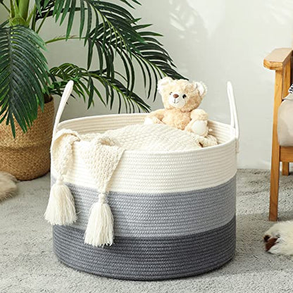 KAKAMAY Large Blanket Basket (20"x13"),Woven Baskets for storage Baby Laundry Hamper,Cotton Rope Blanket Basket for Living Room, Laundry, Nursery, Pillows, Baby Toy chest with Handles (White/Grey) | Extra Large Capacity | Natural Cotton Rope | Blanket Sto