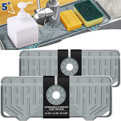 2 Pcs Silicone Faucet Handle Drip Catcher Tray, 2 in 1 Dish Soap Sponge Holder for Kitchen Sink & Splash Guard, Drying Mat for Sink Accessories, Counter, Bathroom - size: Grey(2Pack): 14.25"x5.35"