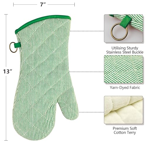 Yarn Dyed Oven Mitts 1 Pair, 100% Cotton Heat Resistant 470 Degree | Oven Gloves for Men Women Cooking Baking Barbecue BBQ Microwave Crafting Machine Washable Pot Holders Mittens (Green 2) - color: Green