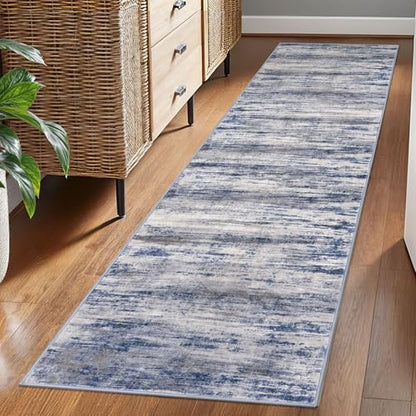 KOZYFLY Modern Washable Rug Runner 2x7 Kitchen Runner Rugs Grey-Blue | Non-Slip, Non-Shedding, Low Pile Soft, Abstract Striped, For Hall Kitchen Entryway Bathroom Laundry Bedroom Foyer - color: Blue-grey, size: 2' x 7' (Runner)