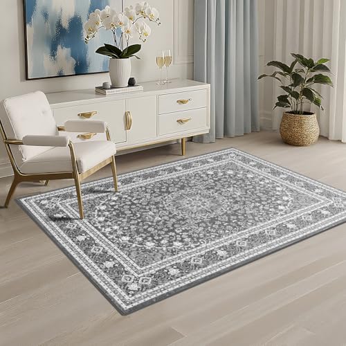 Area Rugs 4 x 6 for Living Room, Machine Washable Faux-Wool Rugs | Boho Low Pile Carpets for Bedroom DiningRoom Nursery, Floral Medallion Design, Non-Slip Rubber, Kid Pet Friendly, Grey White - color: Grey White, size: 4' x 6' (Rectangular)